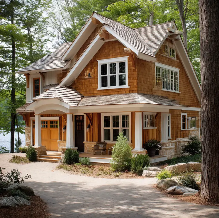 A modern craftsman style house with natural wood shingle siding nestled among tall pine trees on a beautiful lakefront property.