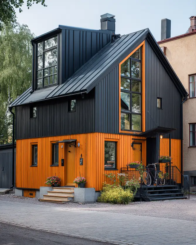 A two-tone modern Scandinavian exterior with a bright orange wood lower level and a black upper level.
