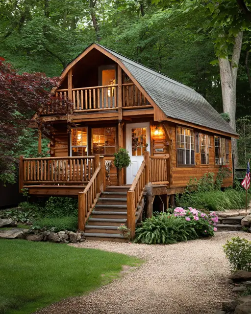 55 Tiny Cabin Ideas: The Ultimate Guide to Exterior & Interior Design 46 A clever two-story log tiny cabin home built into a natural slope, featuring multi-level decks and a winding gravel path.