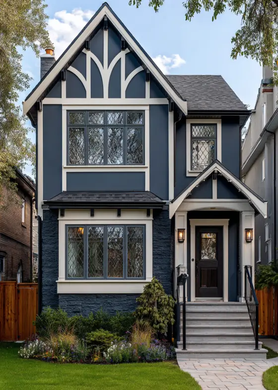 A stately modern Tudor house with a dark blue exterior, showcasing decorative Gothic-inspired timbering in the main gable and leaded glass windows.