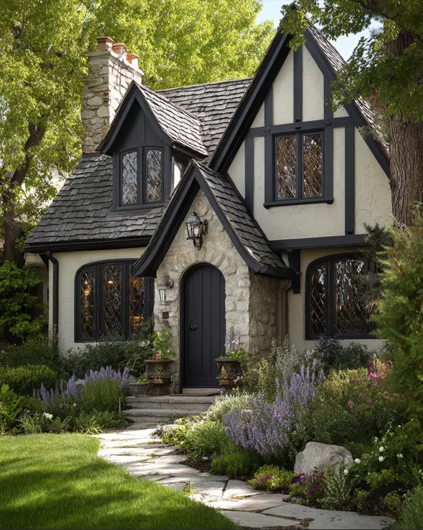A charming Tudor cottage with a prominent, fortress-like stone entryway and an arched black door.