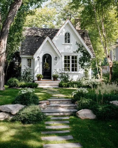 A small white cottage with a black arched door and a matching arched gable window, framed by lush trees.