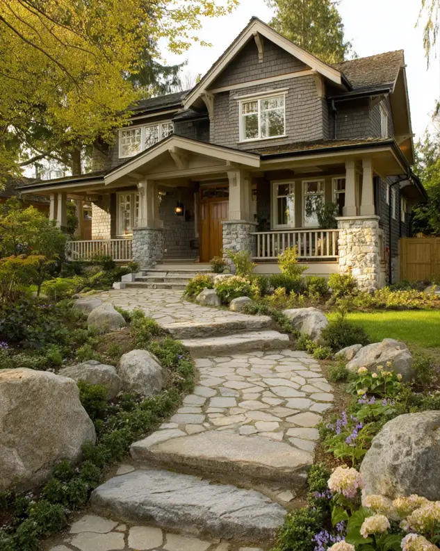 A contemporary craftsman house with a winding natural stone path leading to a wide porch with large stone piers and gray-brown shingle siding.