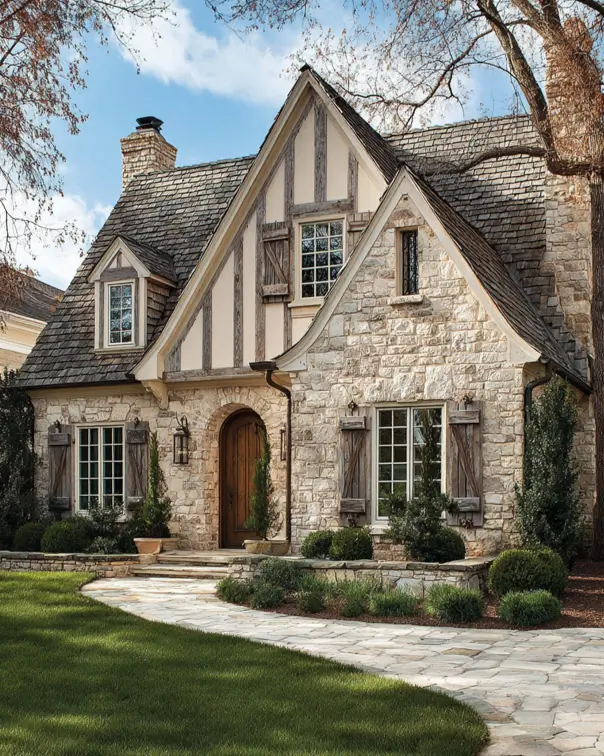 A stone Tudor cottage with rustic wooden shutters and a curved flagstone walkway creating a European feel.