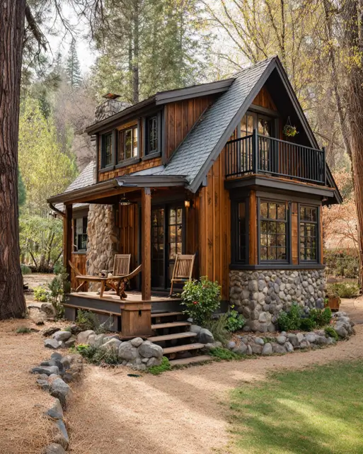 55 Tiny Cabin Ideas: The Ultimate Guide to Exterior & Interior Design 47 A mixed-material tiny cabin idea with a sturdy stone-clad first floor and warm wood siding on the second, accented by a modern black balcony.