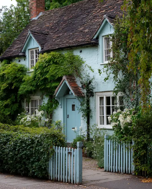 A charming light blue english cottage house design with a matching blue picket fence and gate, creating a cohesive monochromatic color scheme.