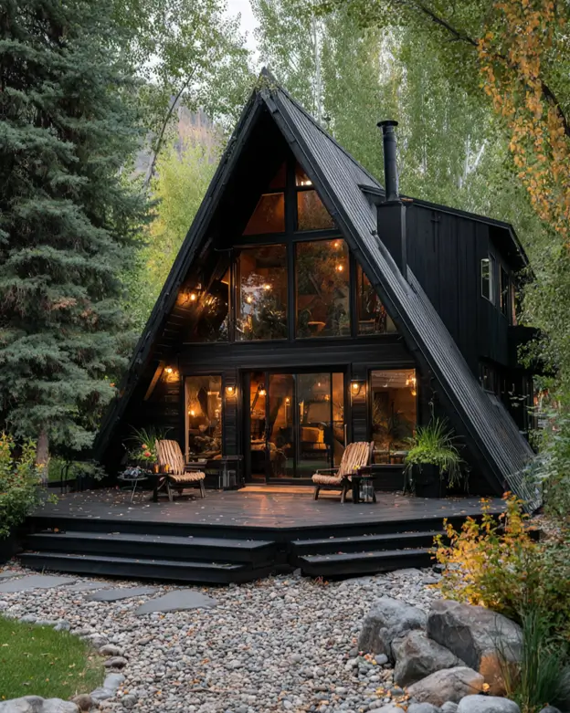 A secluded black A-frame cabin with a front deck, surrounded by a dense green forest.