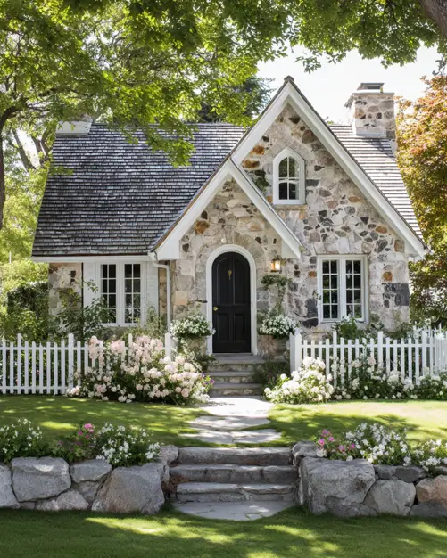A small stone cottage with a dark arched door and a white picket fence, surrounded by roses.