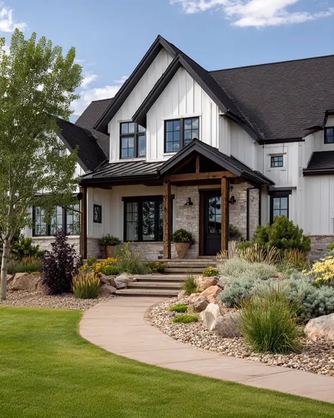 A white modern farmhouse with a timber-framed entryway and extensive natural stone accents at its base.