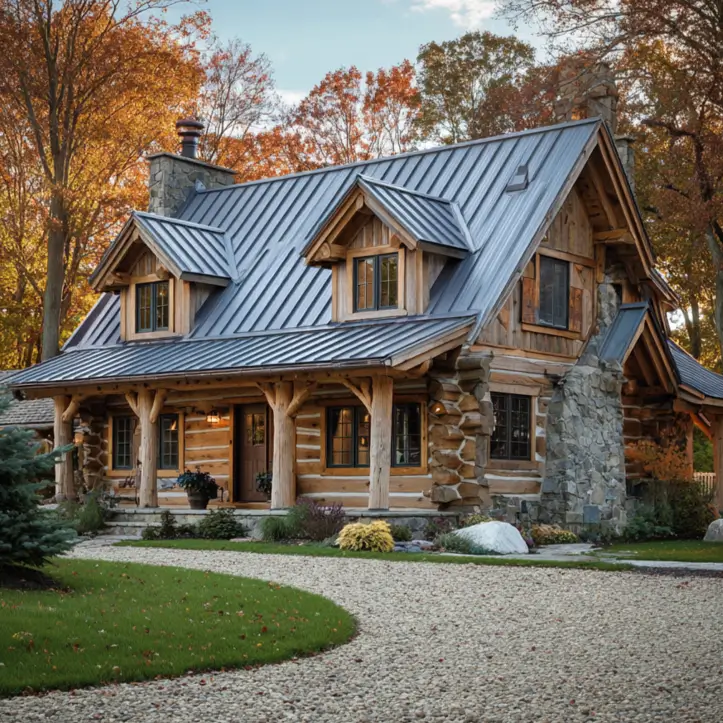 A log cabin with a metal roof, multiple dormers, and stone chimneys, set against autumn trees.