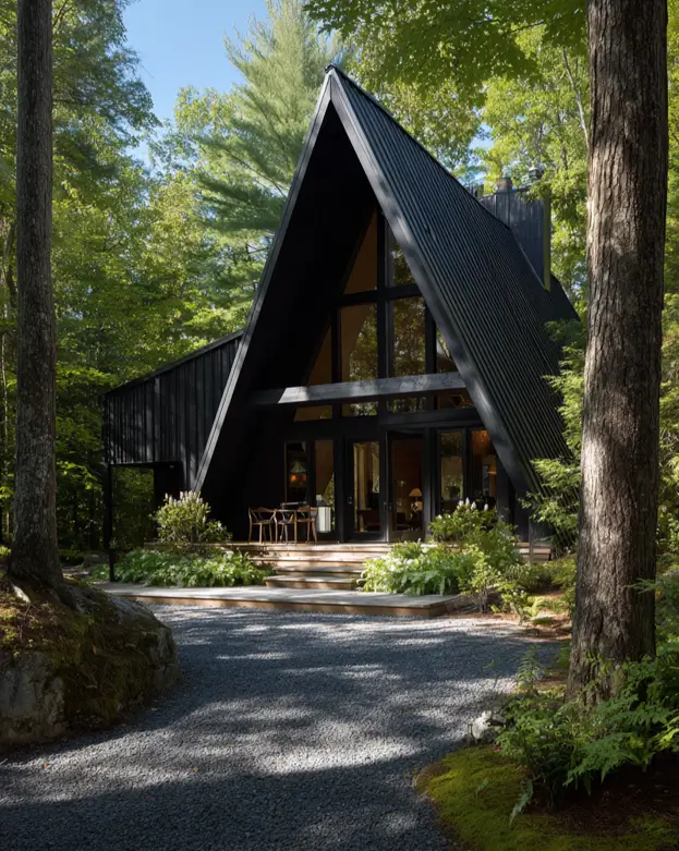 A modern black A-frame cabin with a metal roof, set deep within a lush green forest.