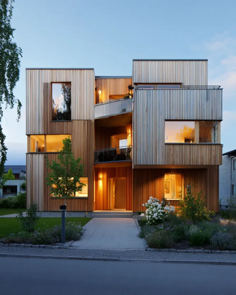 A modern Scandinavian exterior of a multi-unit building with interlocking wood-clad volumes, warmly lit at dusk.