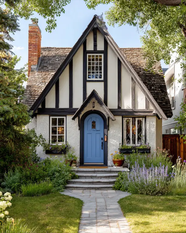 A storybook small Tudor-style cottage with a cheerful periwinkle blue front door, classic black timbering, and a lush, colorful cottage garden path.