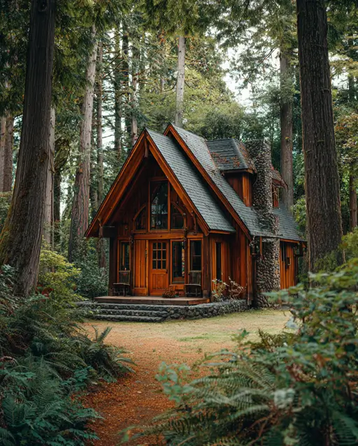 55 Tiny Cabin Ideas: The Ultimate Guide to Exterior & Interior Design 48 A charming wooden tiny cabin idea with a complex, multi-gabled roofline and a massive stone chimney, nestled among towering evergreen trees.