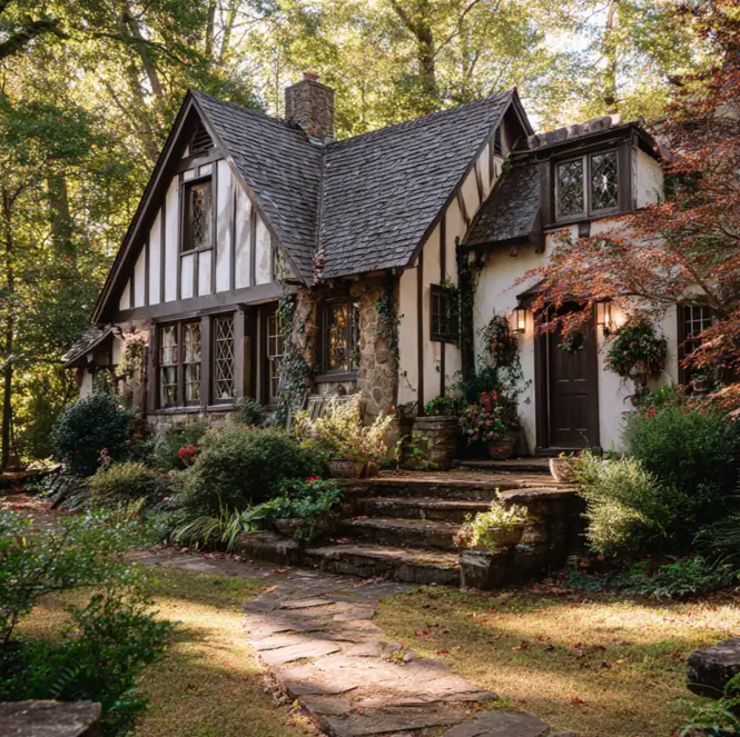 A secluded Tudor cottage in the woods with a stone path and dark timber details, blending into the landscape.