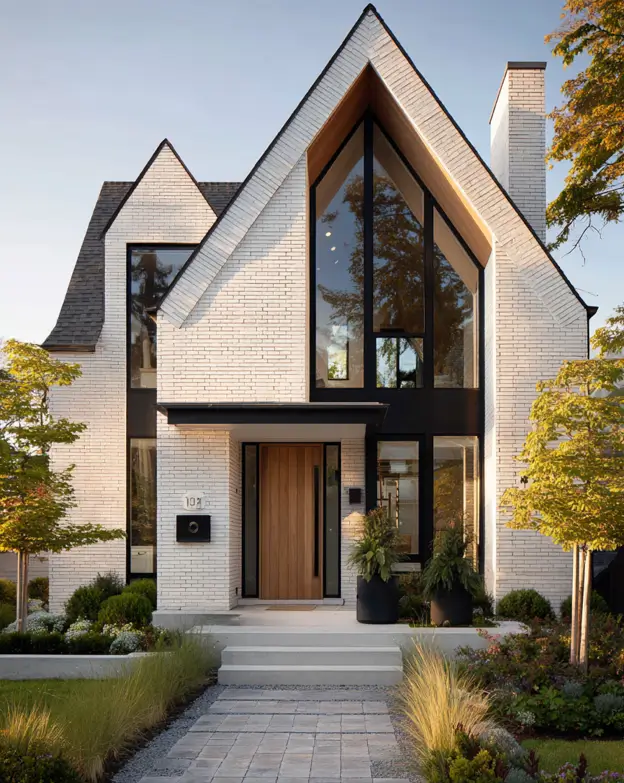 A modern white brick A-frame home with a tall glass facade and a wood-lined peak.