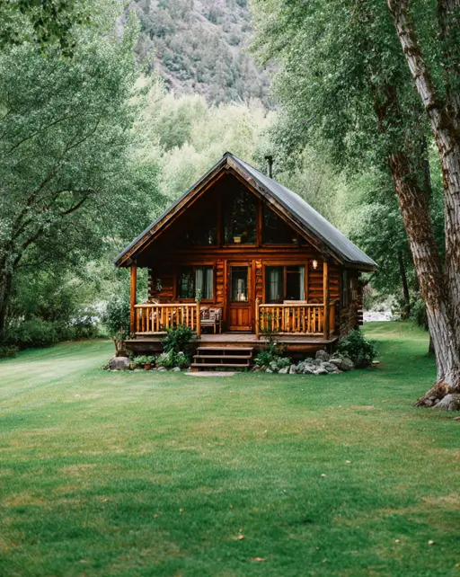 55 Tiny Cabin Ideas: The Ultimate Guide to Exterior & Interior Design 49 A picturesque small log cabin design set in the middle of a large, manicured green lawn, framed by a dense forest and a mountain backdrop.