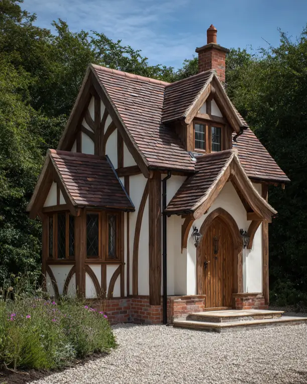 A newly built small Tudor cottage with authentic details, including exposed natural oak timbering, a terracotta tile roof, and a grand arched wooden door.