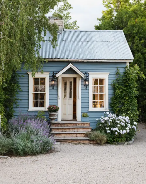 A small blue cottage with a corrugated metal roof and a cream-colored door.