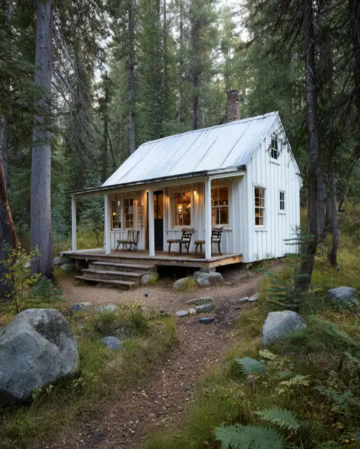 55 Tiny Cabin Ideas: The Ultimate Guide to Exterior & Interior Design 50 A minimalist white tiny cabin home with a simple, clean design, featuring a corrugated metal roof and a functional porch in a dense pine forest.