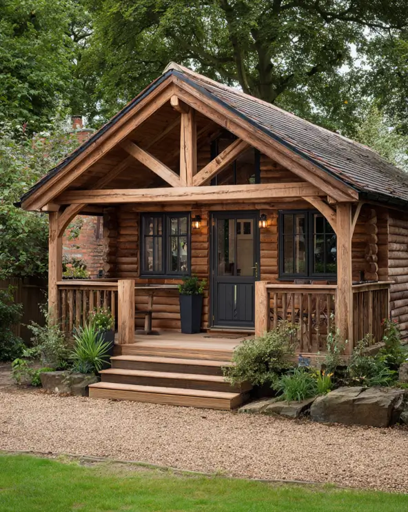 A small, compact log cabin with a timber-framed porch and a dark gray door.