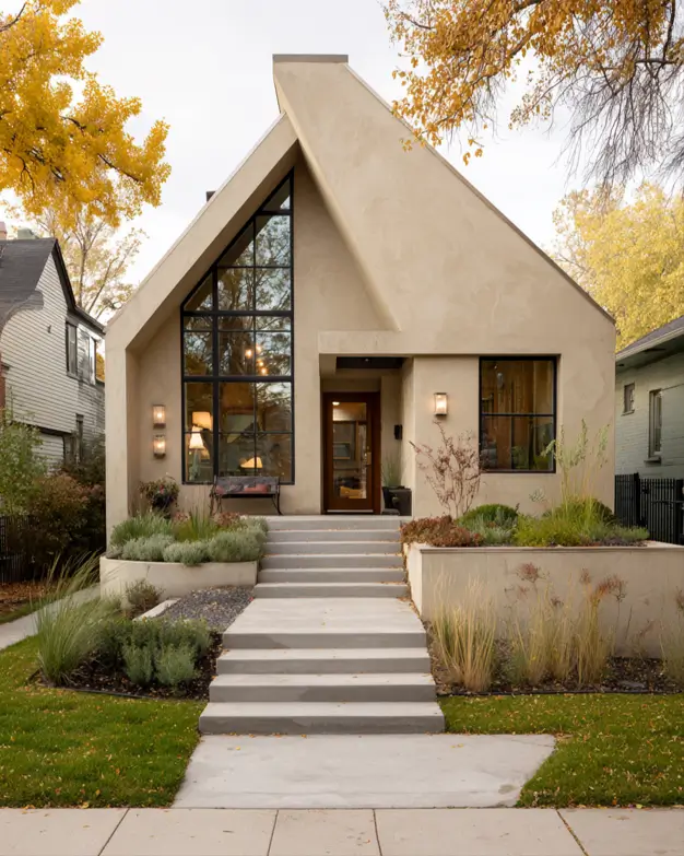 A modern A-frame home with a sand-colored stucco exterior, an asymmetrical gable, and a large glass facade.
