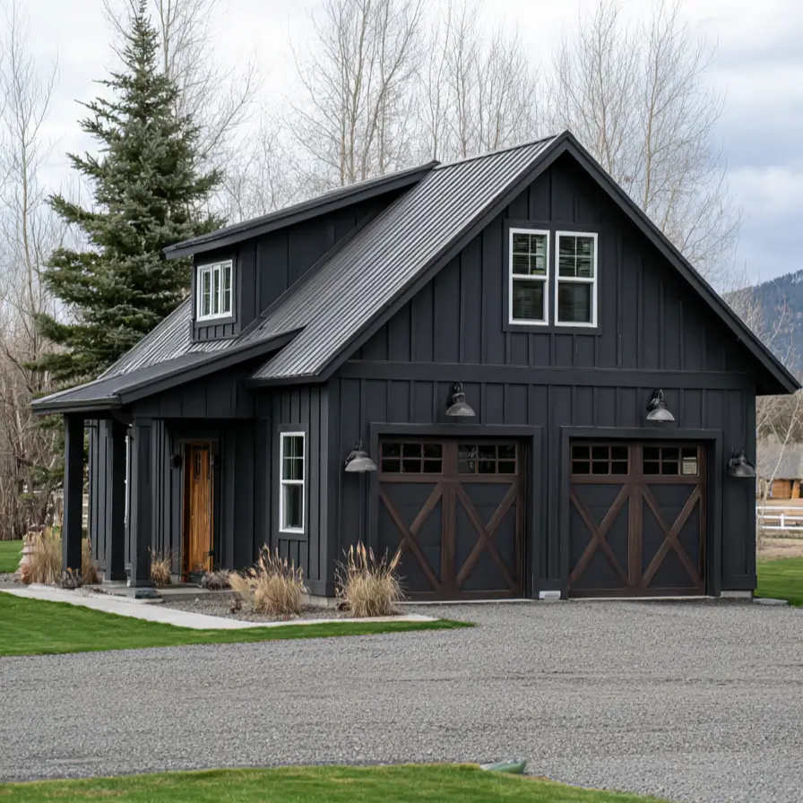 A modern small barndominium home with a dark exterior, featuring two wooden garage doors with cross-bracing and a gravel driveway.