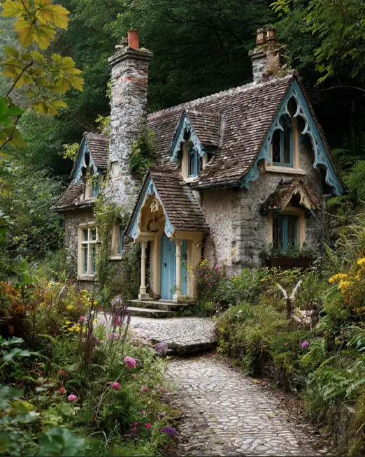 Whimsical english cottage house style with ornate, gothic-style blue trim on the windows and gables, nestled in a dense woodland garden.