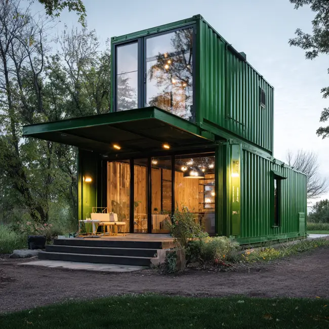 A two-story green shipping container home nestled among trees, featuring a lower side panel hinged open to create a large awning over a modern porch.