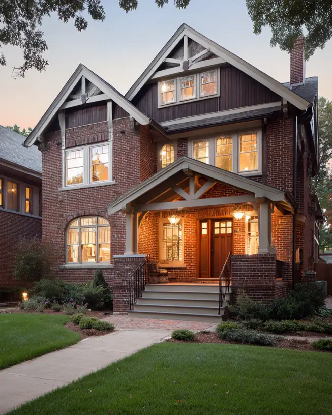Historic two-story brick Craftsman house at twilight, featuring glowing windows, a gabled porch, and prominent decorative trusses.
