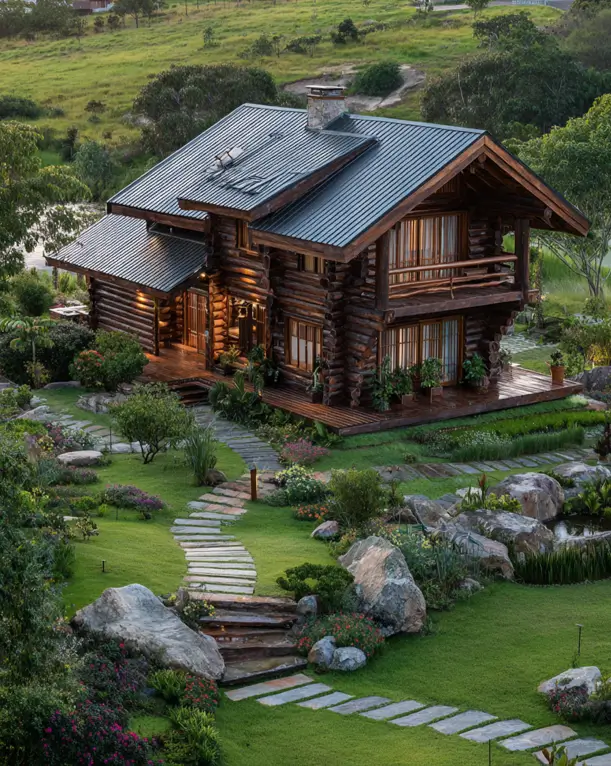 A two-story log cabin home design nestled in a lush garden with a winding stone path.