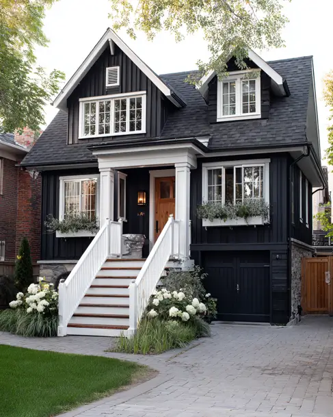 36 Modern Cottage Exterior Ideas to Achieve Timeless Curb Appeal 8 A traditional modern cottage house with dark siding, contrasted by bright white trim on the windows, porch railings, and a grand staircase.