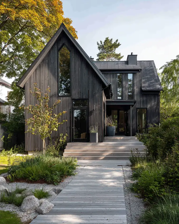 A dark modern Scandinavian house with a classic barn shape and a tall arched window, surrounded by lush greenery.
