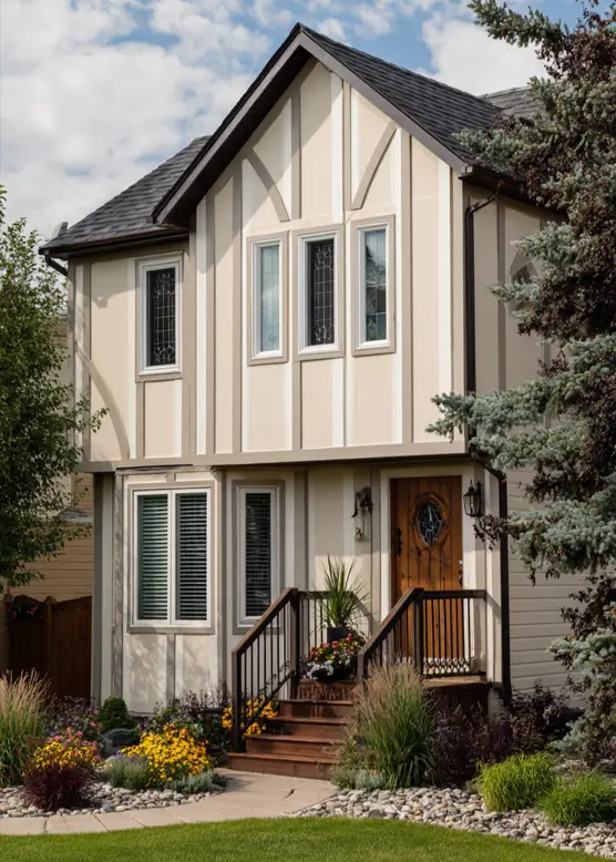 Modern Tudor-style house with cream and beige vertical siding that emphasizes its height and an ornate wooden front door.