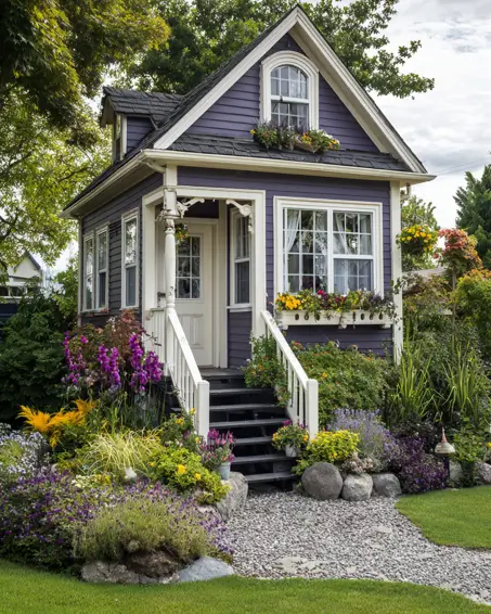36 Tiny House Design Ideas + An Expert Interior Guide for 2025 8 A purple tiny house with white trim surrounded by a colorful and lush garden.