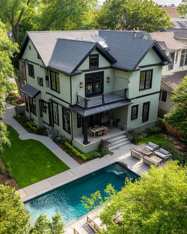 Aerial view of a luxurious sage green house with a black-trimmed second-story balcony overlooking a rectangular swimming pool.