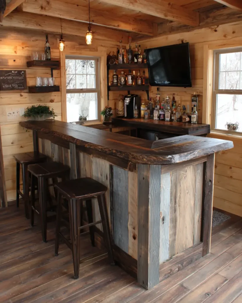 A cozy bar log cabin with a reclaimed wood front, dark live-edge counter, and simple open shelving.