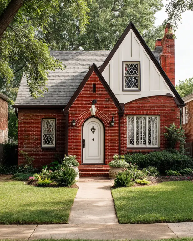 Classic small red brick Tudor home showcasing detailed diamond-pane leaded windows and a clean white arched front door.