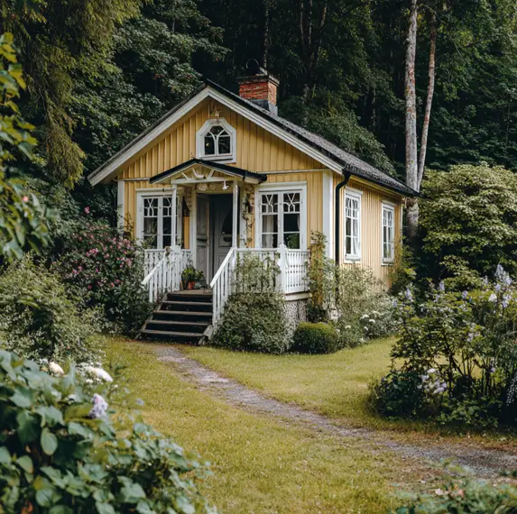 A small yellow cottage with white trim and a covered porch, set in a lush forest, offering a cheerful exterior house idea.