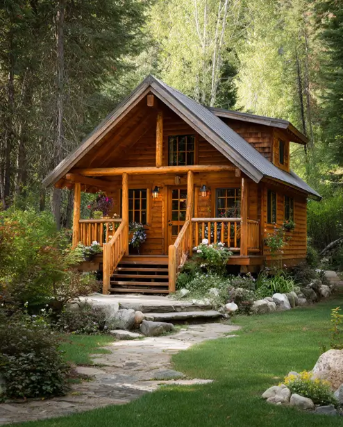 A secluded tiny log cabin set in a manicured forest clearing, with a natural stone path leading to its welcoming front porch.