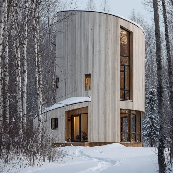A warm, Scandinavian-style silo cabin clad in light vertical wood, nestled in a peaceful, snowy birch forest.