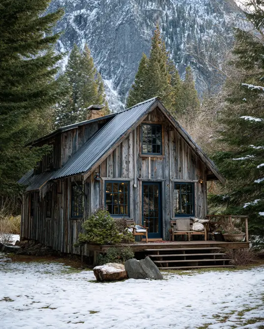 55 Tiny Cabin Ideas: The Ultimate Guide to Exterior & Interior Design 7 A rustic tiny cabin idea with weathered vertical wood siding and dark-trimmed windows, set against a dramatic, snow-covered mountain peak.