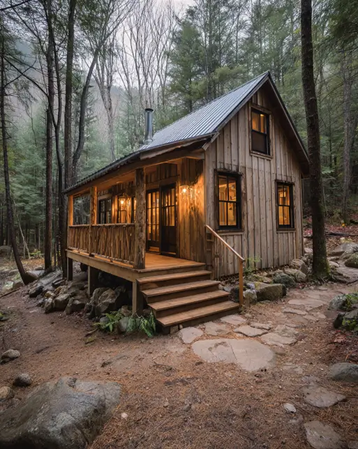 55 Tiny Cabin Ideas: The Ultimate Guide to Exterior & Interior Design 52 A cozy rustic wooden tiny cabin whose warm interior lights cast an inviting glow from the windows in a misty forest at dusk.