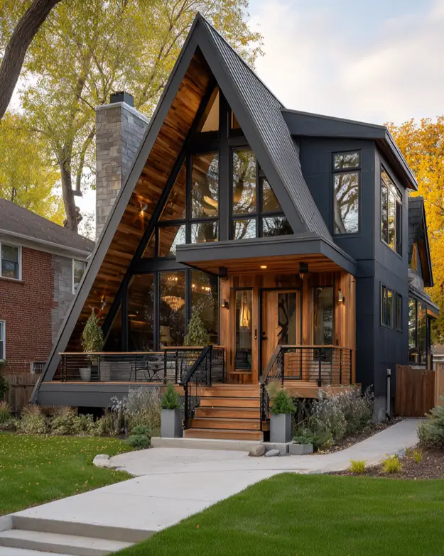 A modern A-frame home with diagonal wood siding, a dark metal roof, a stone chimney, and an attached modern wing.