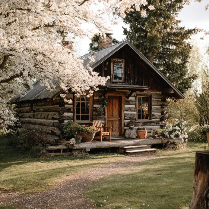 A small, weathered log cabin in the spring, framed by the branches of a large, white-flowering tree.