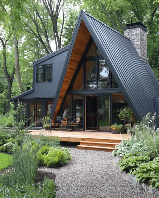 A modern A-frame cabin with a dark metal roof, wood accents, and a stone chimney, set in a lush garden.