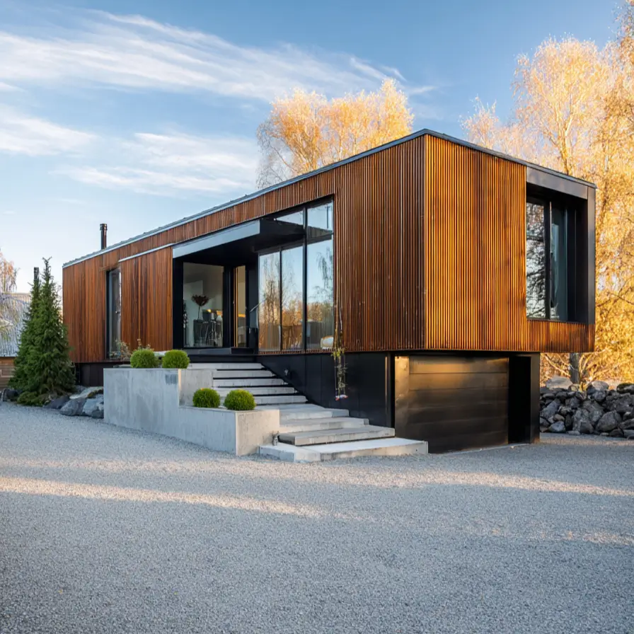 A modern Scandinavian exterior with an elevated, wood-clad living area above a garage, set against a bright blue sky.