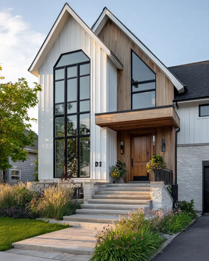 A modern Scandinavian farmhouse exterior with multiple gables, white and wood siding, and a large arched window.
