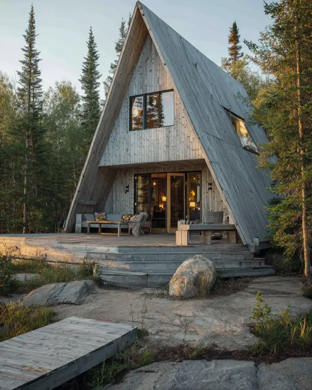 A rustic A-frame cabin made entirely of weathered wood, with a large deck on a rocky, forested shoreline.