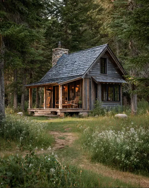 55 Tiny Cabin Ideas: The Ultimate Guide to Exterior & Interior Design 54 A modern-rustic small cabin design idea featuring industrial-style wire mesh porch railings and a durable metal roof, seen at sunset.